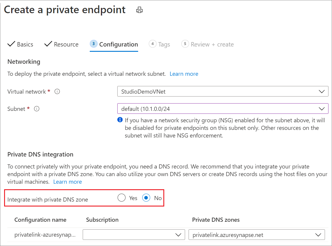 Screenshot of Create Synapse private DNS zone 1.