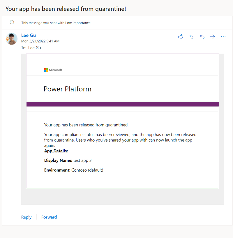 Tvůrce aplikací obdrží e-mailové upozornění, které ho informuje, že jeho aplikace byla propuštěna z karantény.