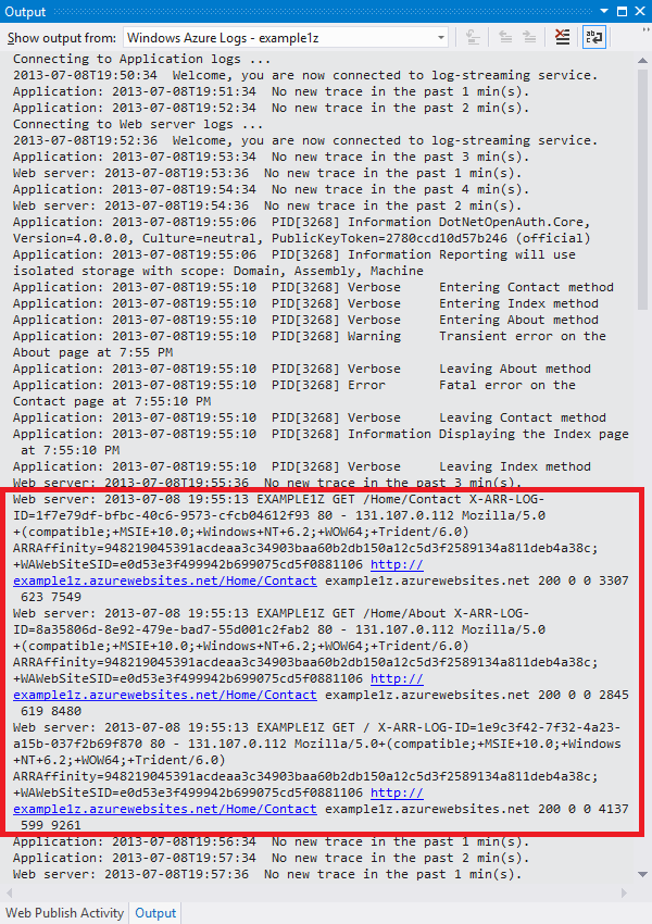 Web server logs in Output window