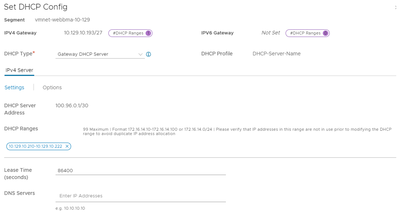 Screenshot showing how to add a subnet to the NSX Tier-1 Gateway for using a DHCP server.