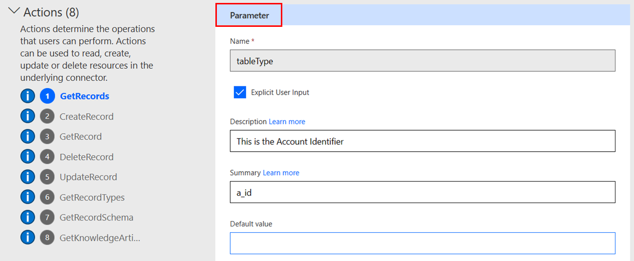 Screenshot of the fields on the 'Parameters' page.