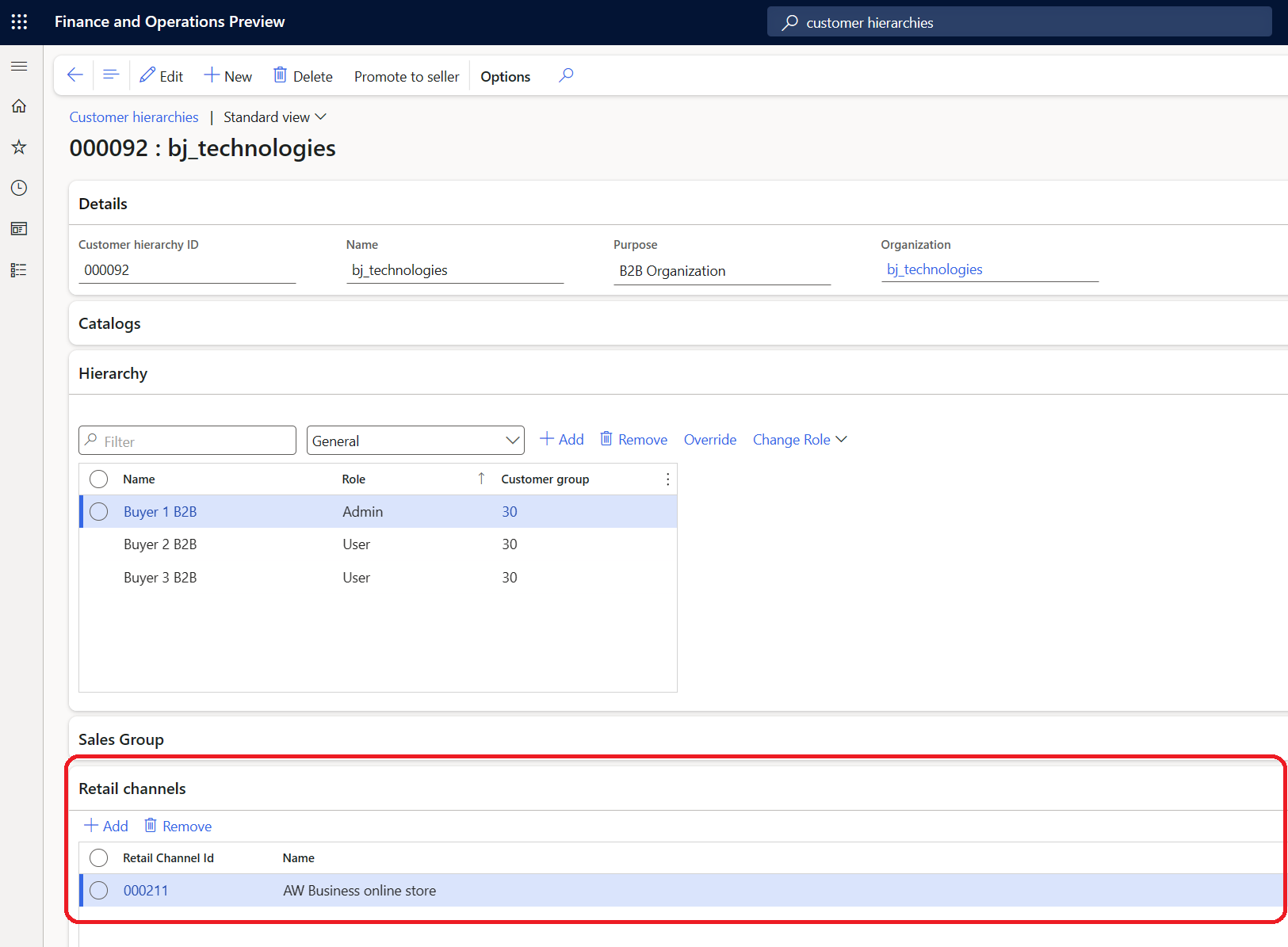 Kundehierarkiet for en forretningspartner i hovedkvarteret med den tilhørende detailkanal fremhævet