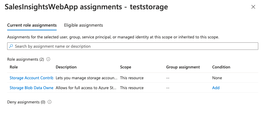 Skærmbillede af rolletildelingsfanen med rollerne tildelt til SalesInsightsWebApp i Azure Portal