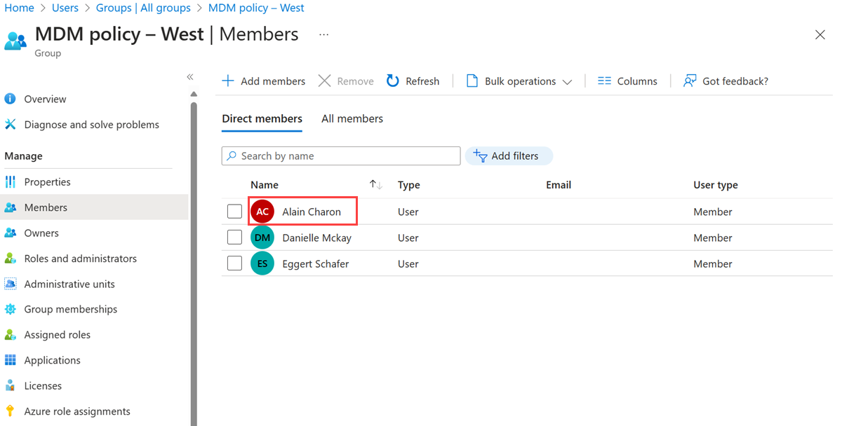 Screenshot of the list of members assigned to the MDM policy – West group.