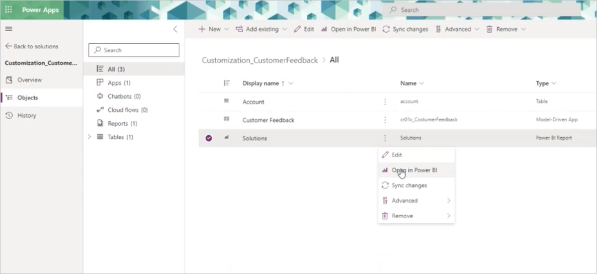 Skærmbillede, der viser, hvordan du åbner Power BI-elementer i Power BI for at begynde at tilpasse.