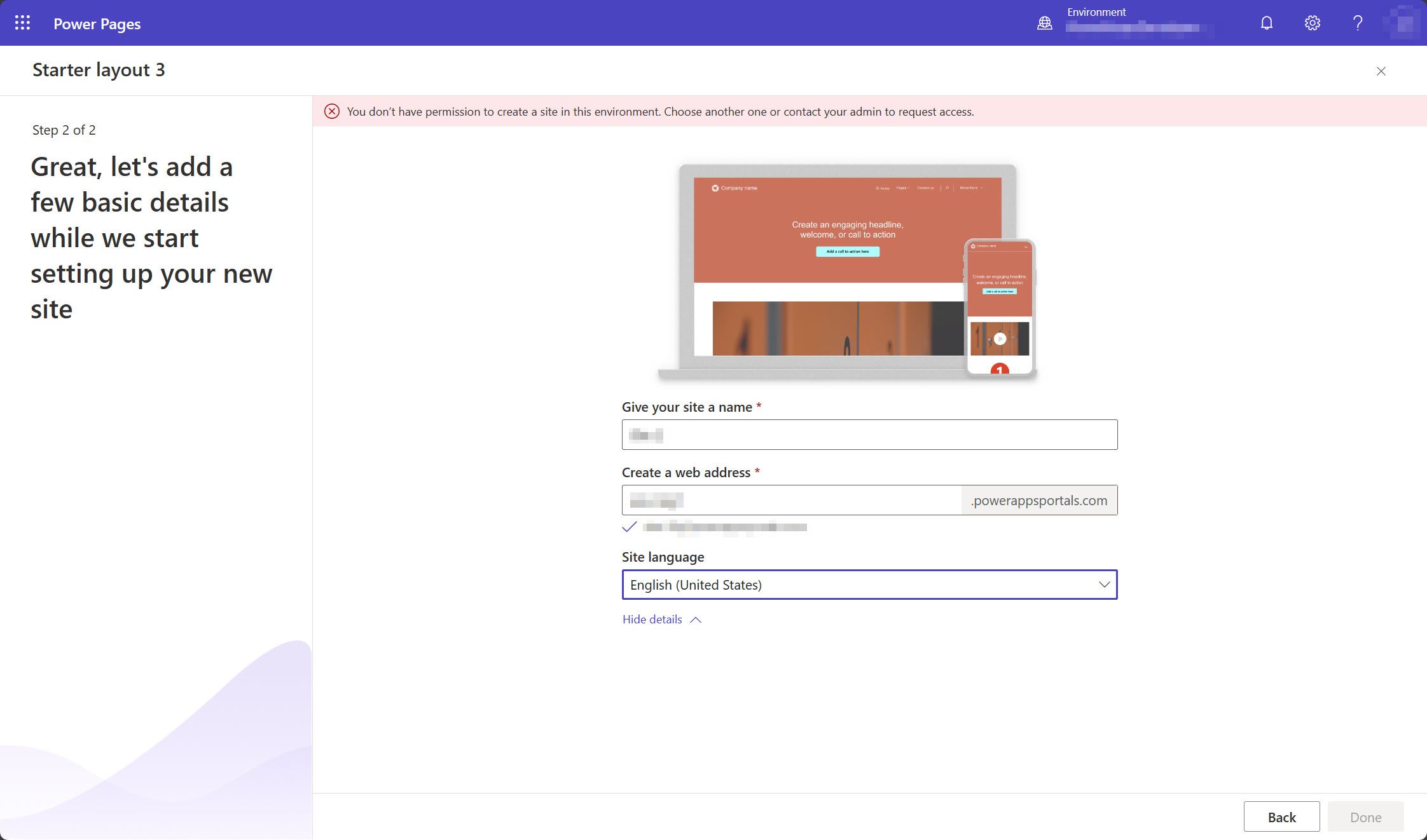 Et skærmbillede af Power Pages-designstudiet, hvor der vises en meddelelse, som angiver, at brugeren ikke har tilladelse til at oprette et websted i det miljø, brugeren har valgt.