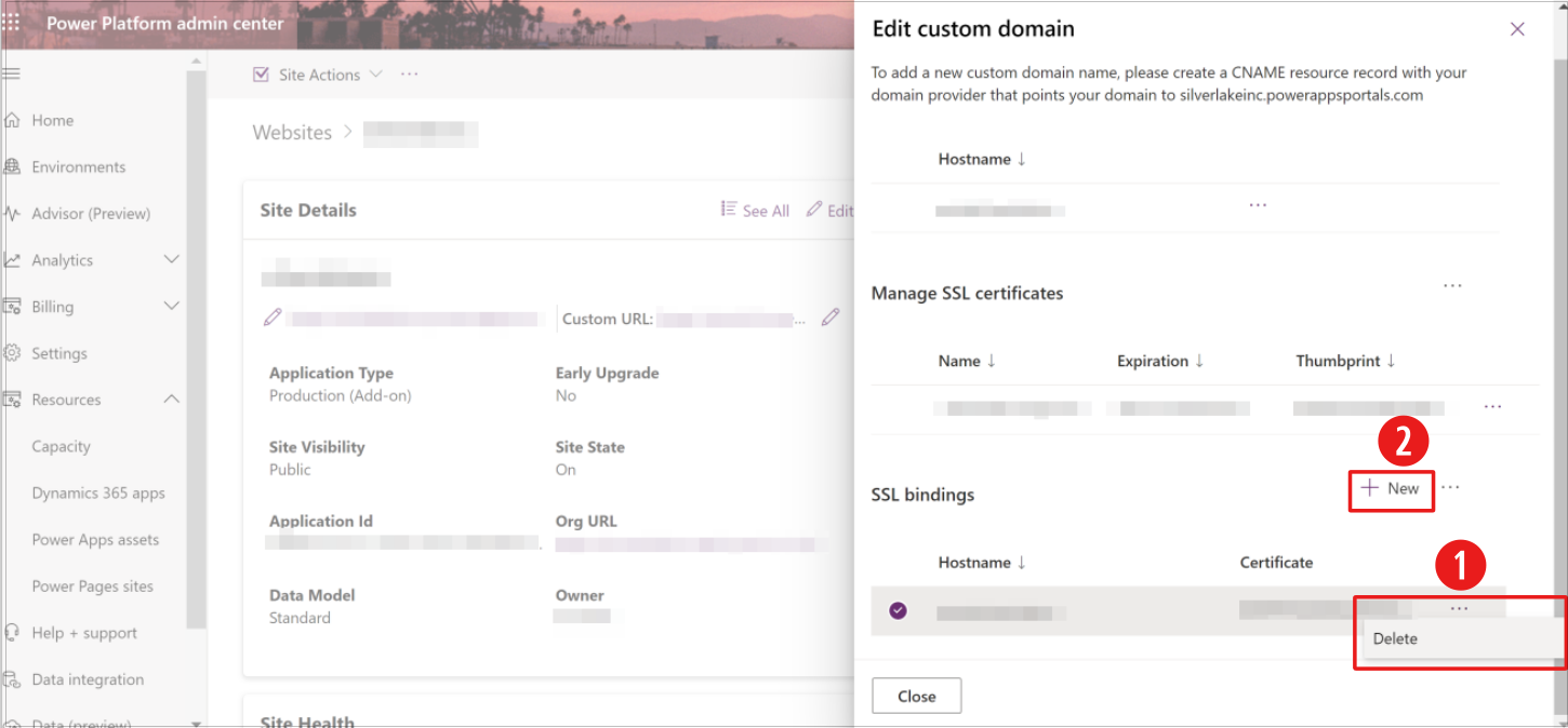 Et skærmbillede af Power Platform Administration med indstillingen til sletning af SSL-bindinger og tilføjelse af et nyt SSL-certifikat.