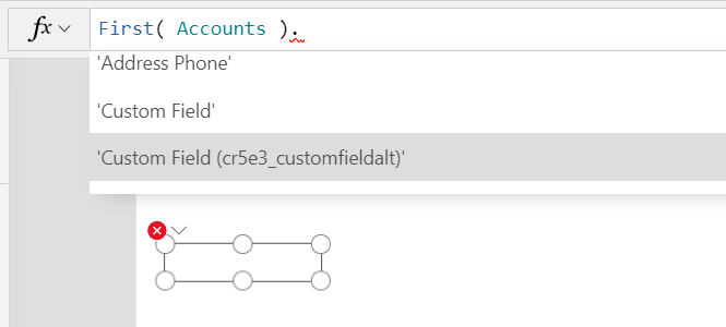 Studio-formellinje, der viser brugen af det logiske navn cr5e3_customfieldalt for at fjerne flertydighed for de to versioner af 