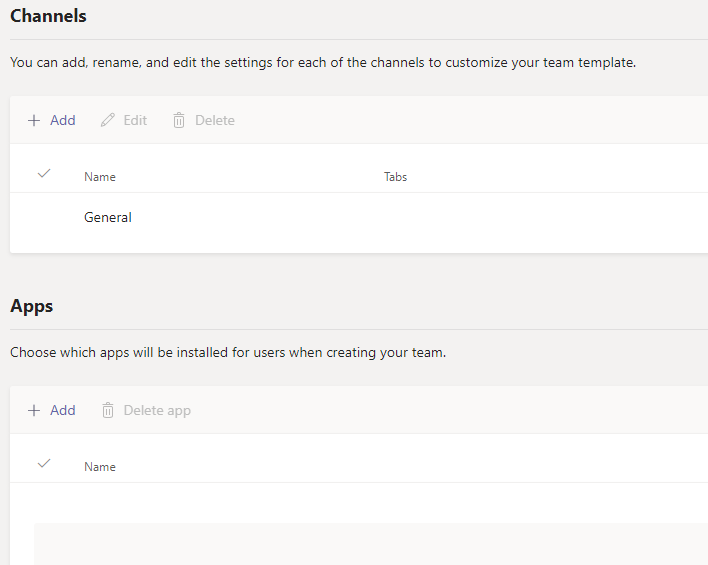 Abbildung der Kanäle, Registerkarten und Apps für Teamvorlagen.