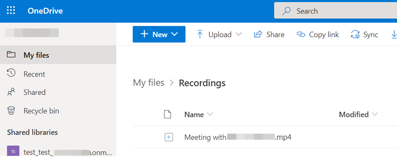 Screenshot des OneDrive-Speicherorts für Besprechungsaufzeichnungen.