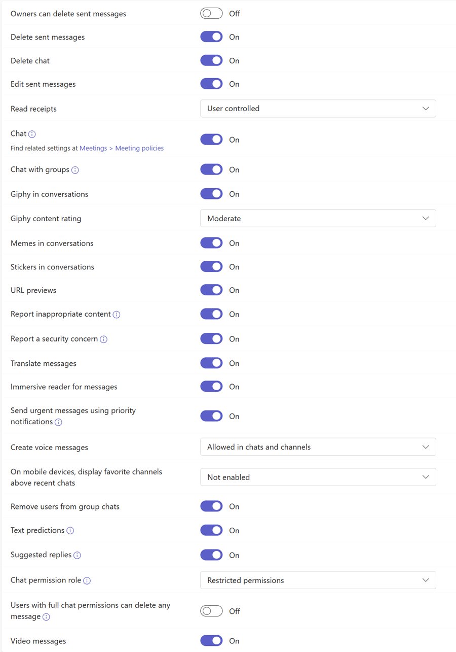 Screenshot der Messagingrichtlinien für Teams-Besprechungen im Teams Admin Center.