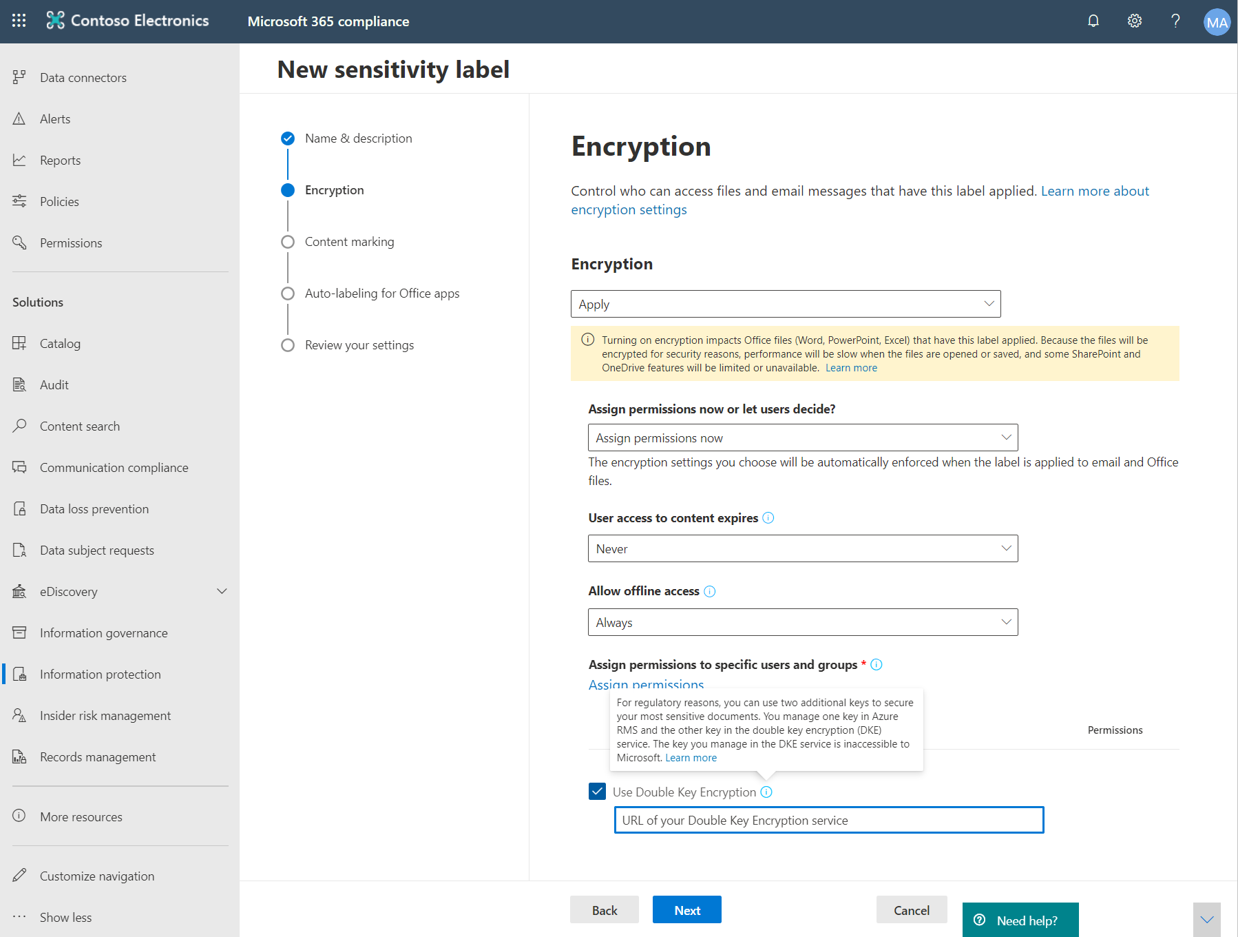 Wählen Sie im Microsoft Purview-Complianceportal die Option Double Key Encryption verwenden aus.