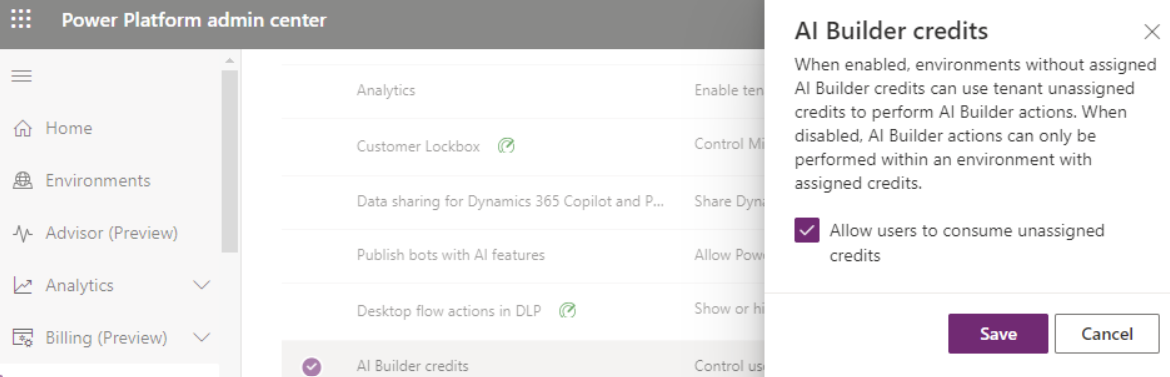 Screenshot der Option, mit der Benutzende nicht zugewiesene Credits im Power Platform Admin Center verbrauchen können.