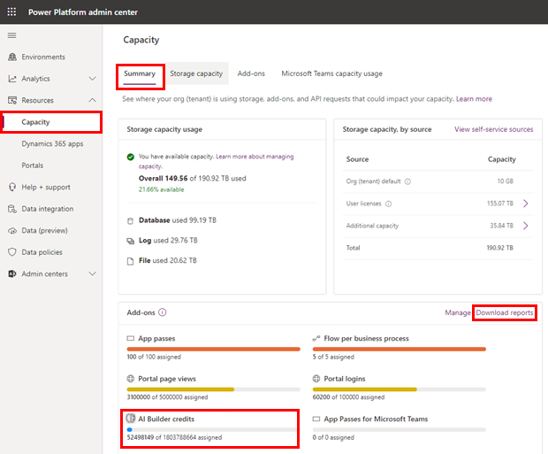 Screenshot der Power Platform Admin Center-Kapazitätsseite.