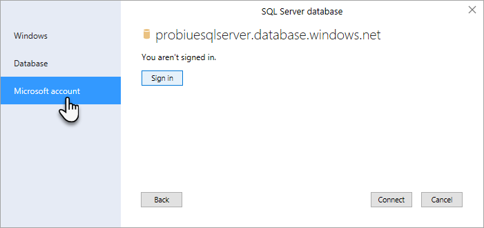 Screenshot des Dialogfelds SQL Server Datenbank mit hervorgehobener und ausgewählter Option 