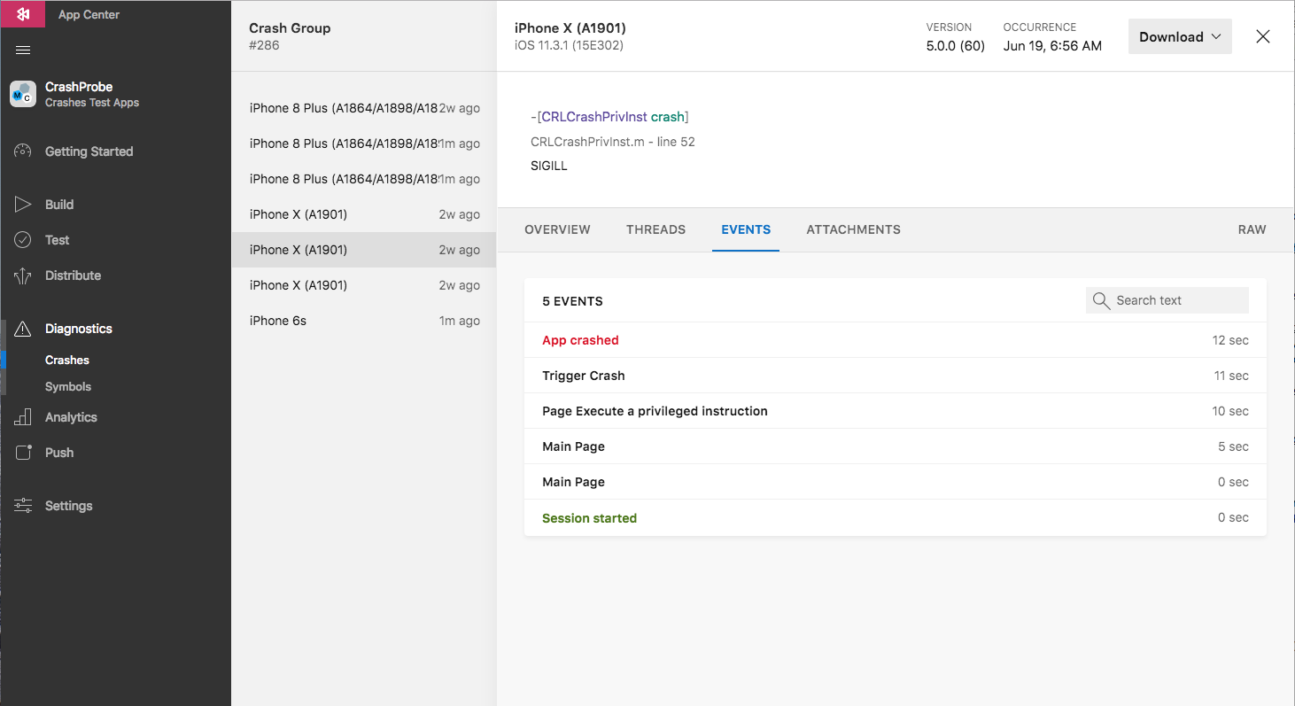 Mit App Center können Sie Ereignisse nachverfolgen, die zu Ihrem Absturz führen.