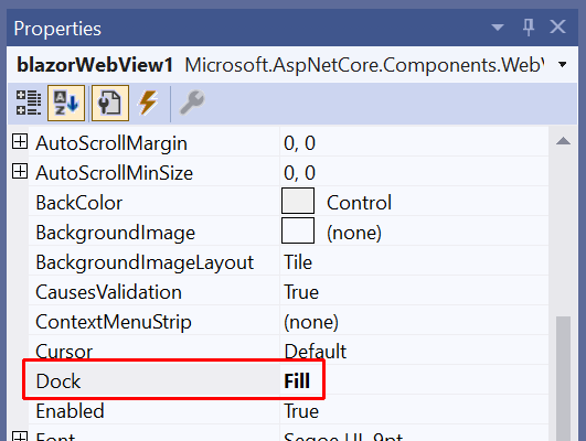 BlazorWebView-Eigenschaften, wobei „Dock“ auf „Füllen“ festgelegt ist.