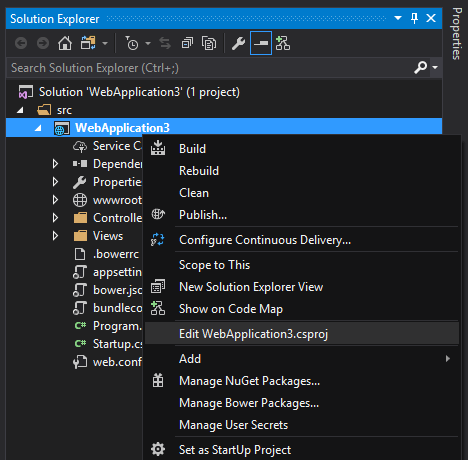 Kontextmenüoption „CSPROJ-Datei bearbeiten“ in Visual Studio 2017