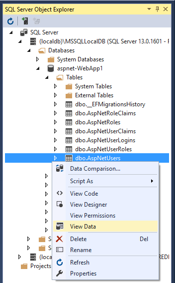 Kontextmenü in der Tabelle AspNetUsers im SQL Server-Objekt-Explorer