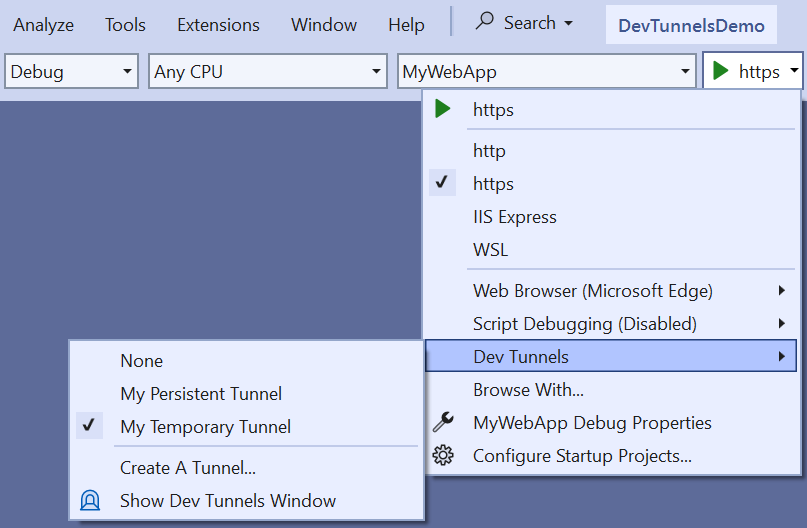 Dropdownliste Debuggen mit aktivem Tunnel im Flyout „Entwicklungstunnel“