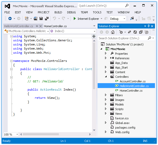 Screenshot: Registerkarte Hallo Welt Controller punkt c s. Hallo Welt Controller punkt c s ist im Ordner Controller im Fenster Projektmappen-Explorer ausgewählt.