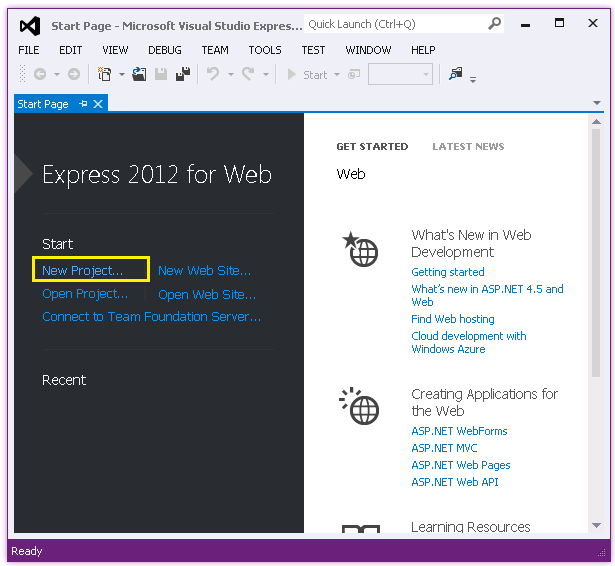 Screenshot der Visual Studio Express-Startseite. Die Option 