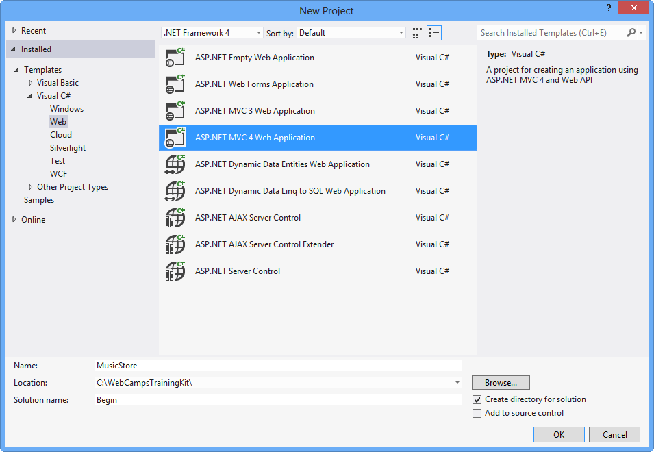 Erstellen eines neuen ASP.NET MVC 4-Projekts