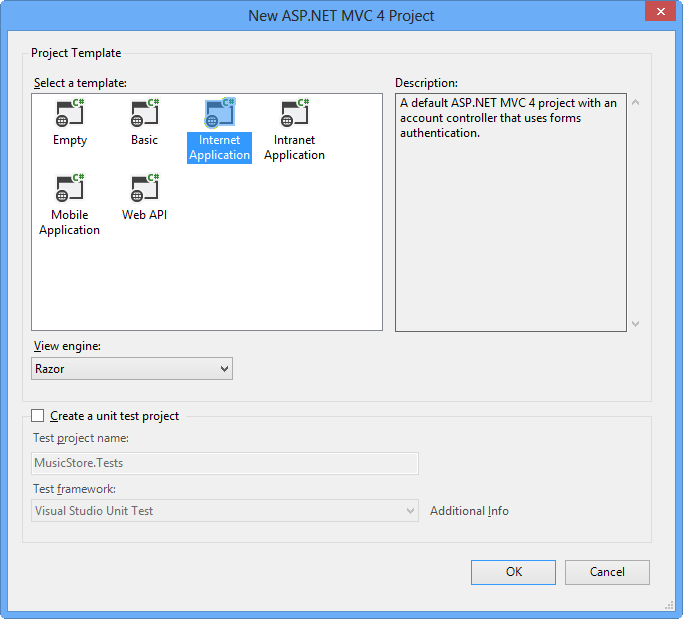 Erstellen einer neuen ASP.NET MVC 4-Internetanwendung