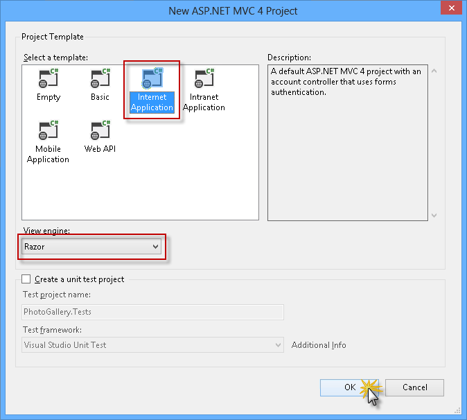 Erstellen einer neuen ASP.NET MVC 4-Internetanwendung