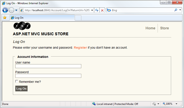 Screenshot der Music Store-Webseite mit dem Anmeldedialogfeld mit den Textfeldfeldern für Benutzername und Kennwort.