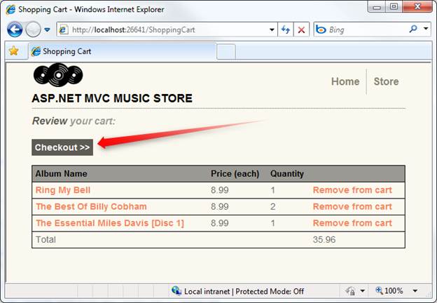 Screenshot des Music Store-Fensters mit der Checkout-Ansicht mit hervorgehobener Schaltfläche 