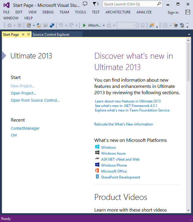 Screenshot der Visual Studio-Startseite