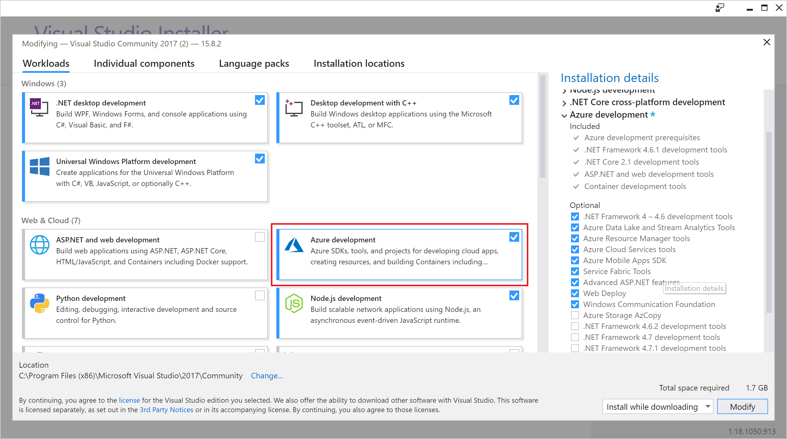 Azure-Entwicklungsarbeitsauslastung in Visual Studio-Installer