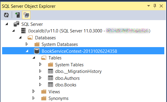 Screenshot: S Q L Server Objekt-Explorer mit der Ordnerhierarchie mit blau hervorgehobenem Element Book Service Context