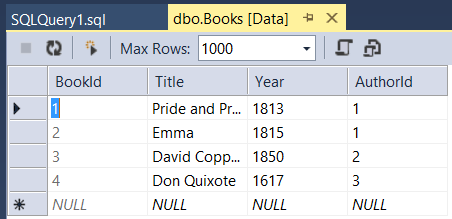 Screenshot der Tabelle Books mit der Datenbank, die mit Seeddaten aufgefüllt ist, und der Tabelle, die den Fremdschlüssel enthält.