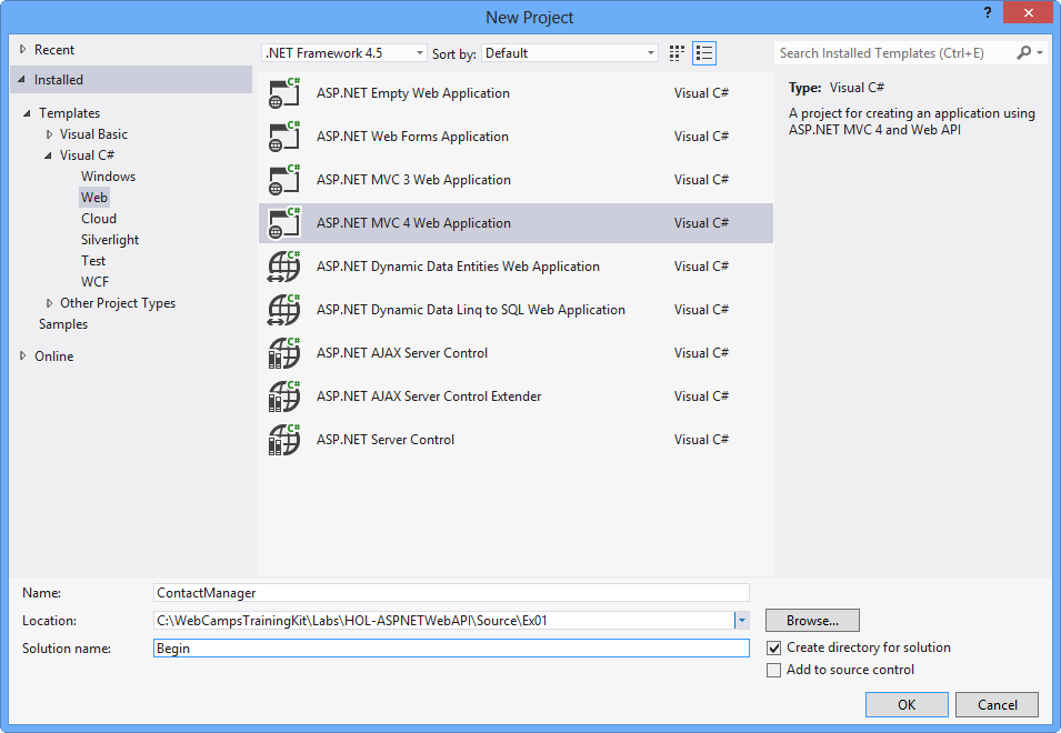 Erstellen eines neuen ASP.NET MVC 4.0-Webanwendungsprojekts