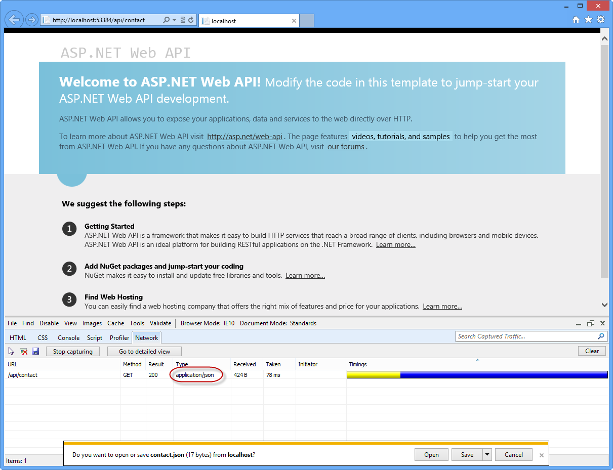 Anzeigen der Ausgabe der Web-API-Anforderung in der Netzwerkansicht