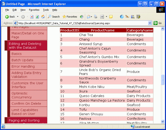 Die GridView zeigt jede Produkt-ID, den Namen und den zugehörigen Kategorienamen an.