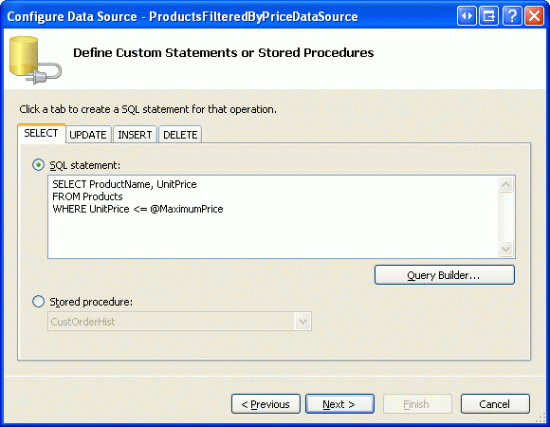 Zurückgeben nur der Produkte, die kleiner oder gleich einem Parameterwert sind