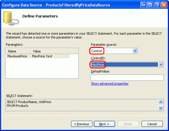 Die Texteigenschaft von MaxPrice TextBox wird als Parameterquelle verwendet.