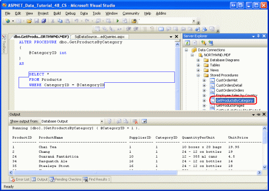 Die gespeicherte GetProductsByCategory-Prozedur bei Ausführung mit einem <span class=