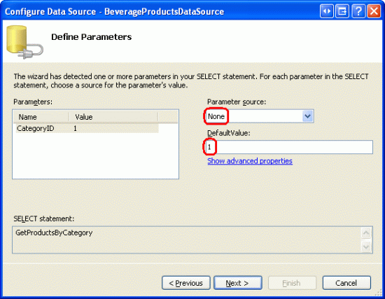 Verwenden Sie einen Hard-Coded Wert von 1, um die Produkte in der Kategorie Getränke zurückzugeben.