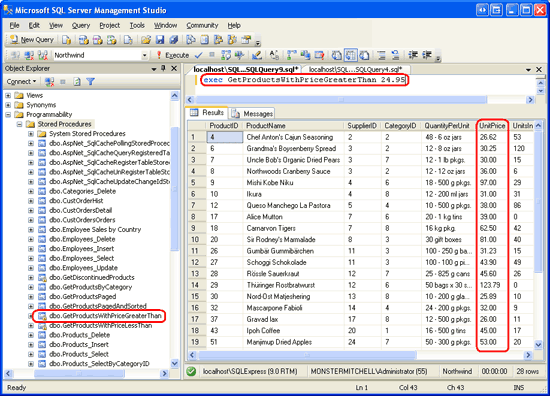 Screenshot des Microsoft SQL Server Management Studio-Fensters mit der ausgeführten gespeicherten GetProductsWithPriceGreaterThan-Prozedur, die Produkte mit einem UnitPrice größer als 24,95 $ anzeigt.