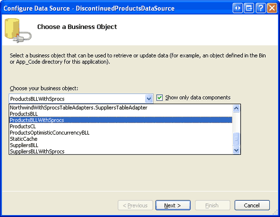 Konfigurieren der ObjectDataSource für die Verwendung der ProductsBLLWithSprocs-Klasse