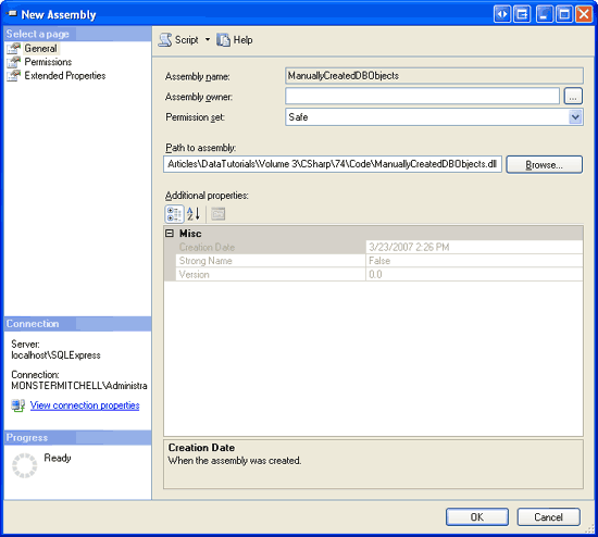 Hinzufügen der ManuallyCreatedDBObjects.dll Assembly zur Datenbank