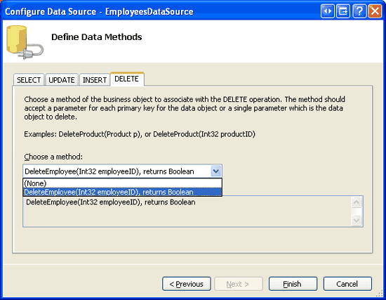 Lassen Sie die ObjectDataSource die GetEmployees- und DeleteEmployee-Methoden verwenden.