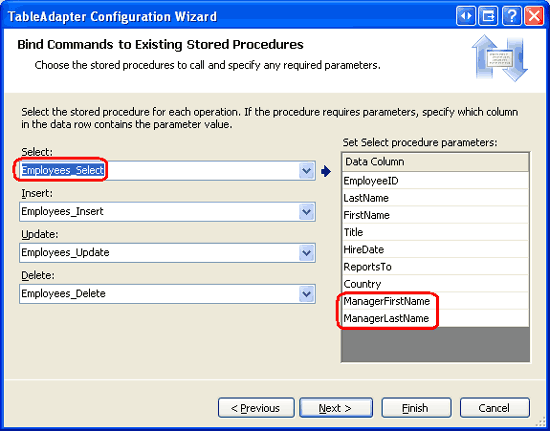 Der Assistent zeigt die aktualisierte Spaltenliste für die Employees_Select gespeicherten Prozedur an.