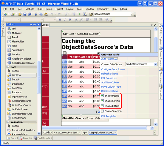 Aktivieren der GridView-Unterstützung für Bearbeitung, Sortierung und Paging