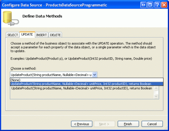 Wählen Sie die UpdateProduct-Methode aus der Drop-Down Liste der Registerkarten 