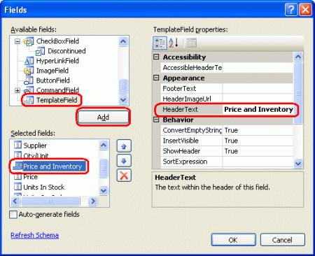 Hinzufügen eines neuen TemplateFields zum DetailsView-Steuerelement